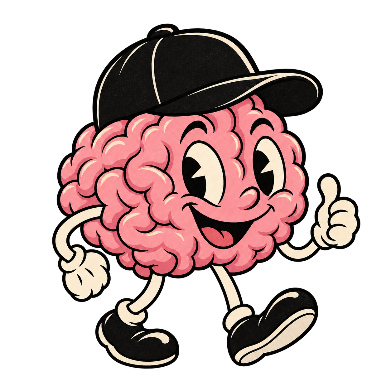 A rubberhose cartoon brain wearing a black baseball hat