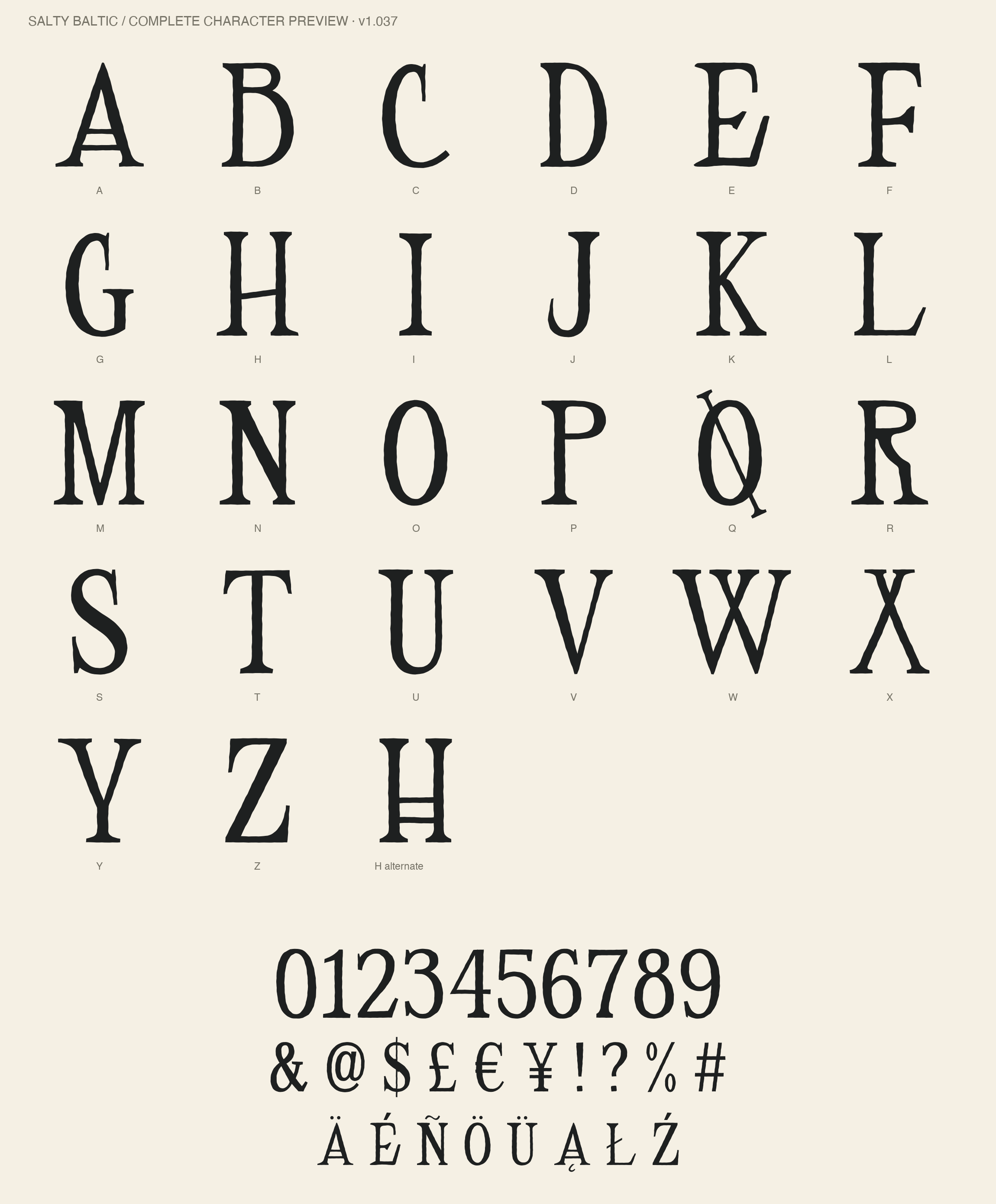 Salty Baltic character preview: A through Z, a double-bar H alternate, numerals, punctuation, currency symbols and accented capitals.