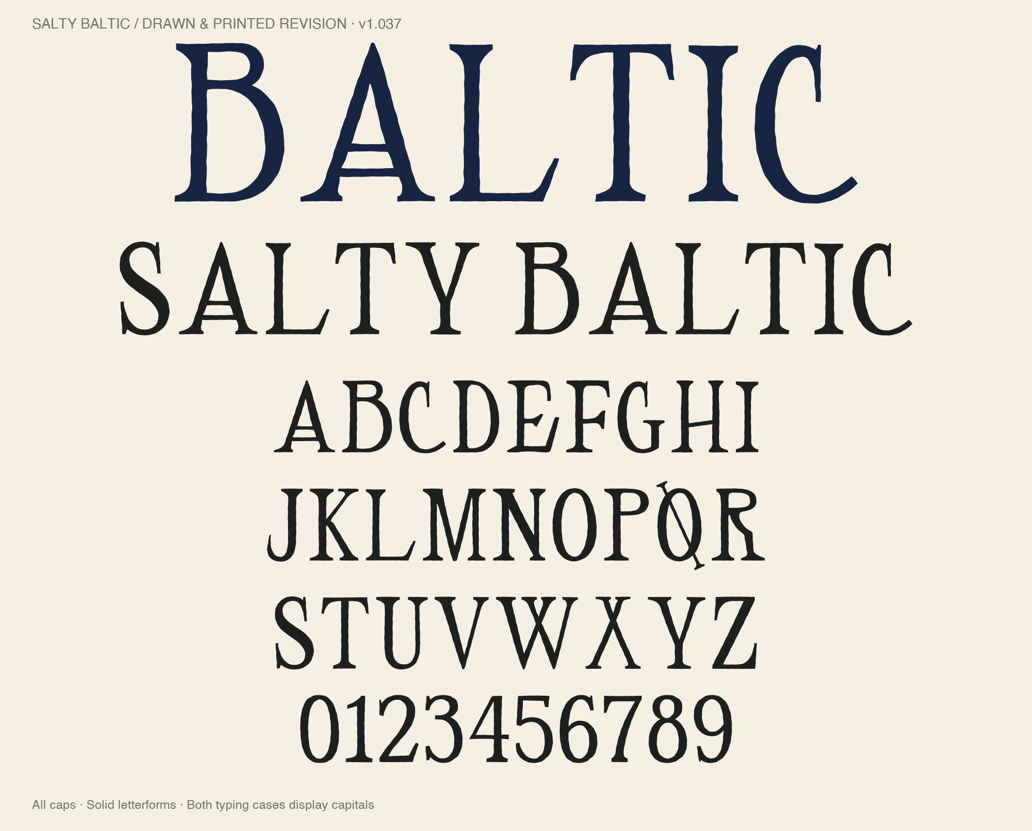 Salty Baltic Regular v1.037 specimen: BALTIC, SALTY BALTIC, the capital alphabet and numerals, with distinctive serif feet and double-bar A.